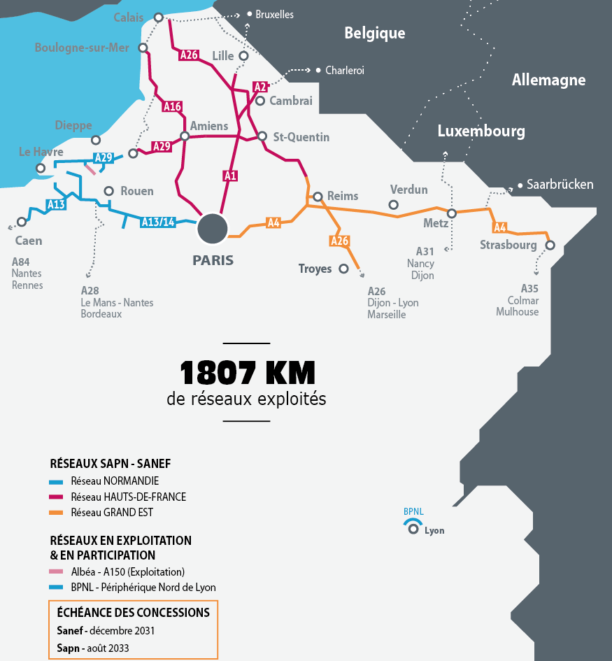 Carte des réseau d'autoroutes du Groupe Sanef en 2022