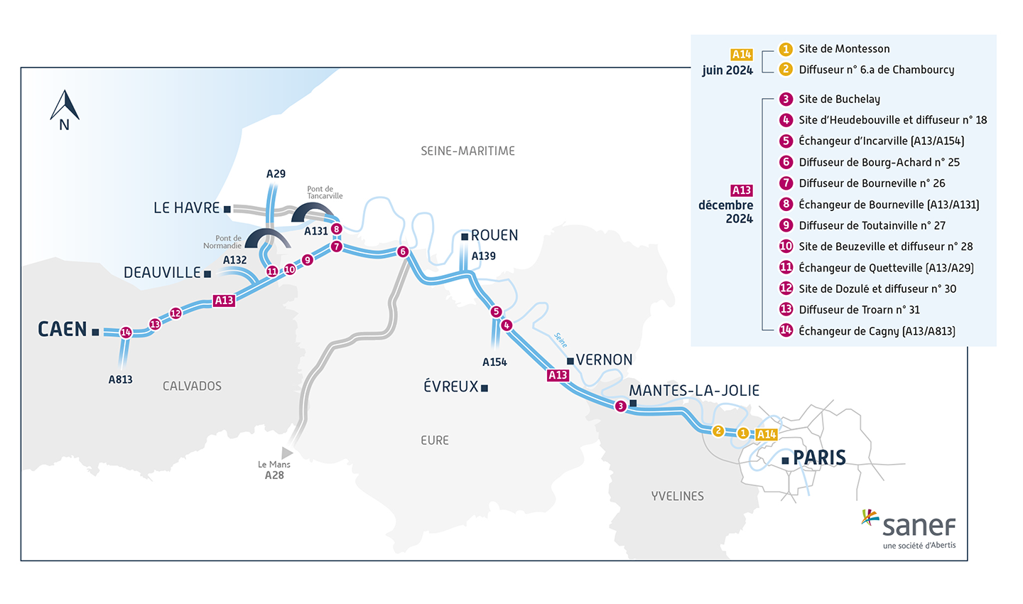 free flow toll map on the A13 and A14 motorways